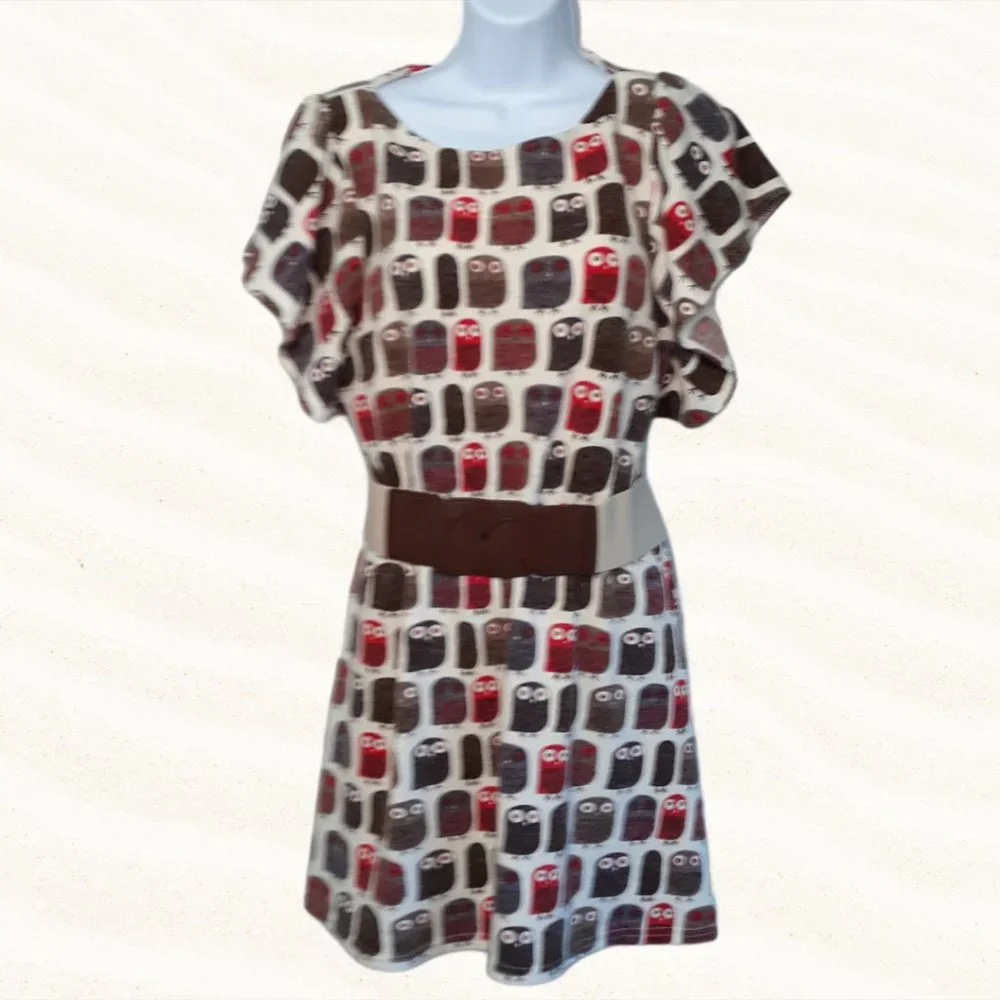 OWL boho dress or top • Large Jrs cream & brown bird OB2-12 - Picture 2 of 5